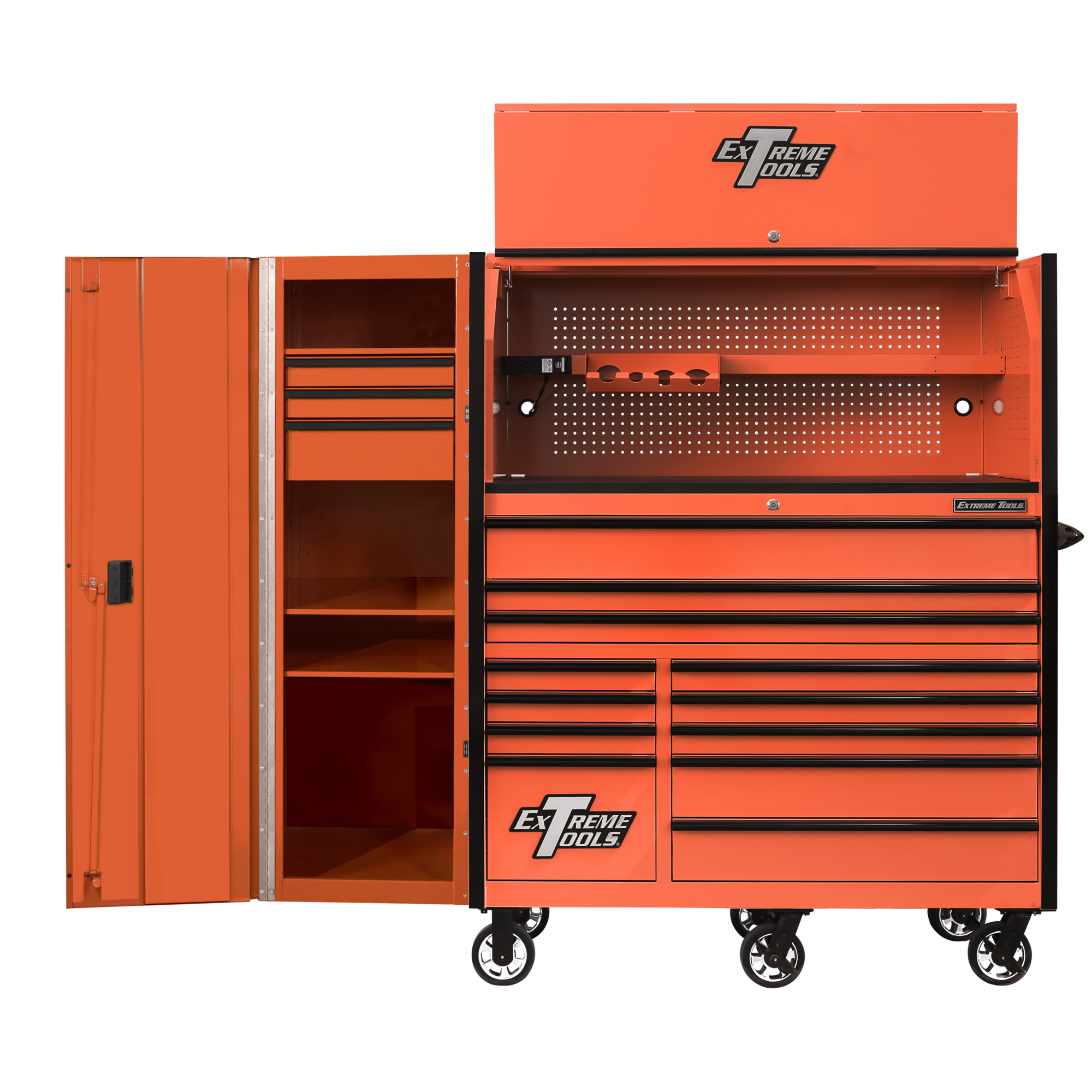 Extreme Tools RX Series 55in W x 25in D Professional Extreme Power Workstation Hutch, 12-Drawer Roller Cabinet-150 lbs Slides, and 19in 3-Drawer Side Locker Combo, Orange w Black Dr Pulls, Model # RX55HRSOK